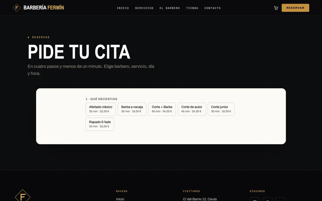 La reserva de cita de la web de muestra Barbería Fermín, hecha por Karma Studio